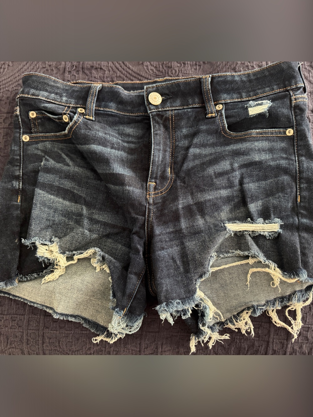 American Eagle Outfitters Dark Indigo Distressed Midi Jean Shorts